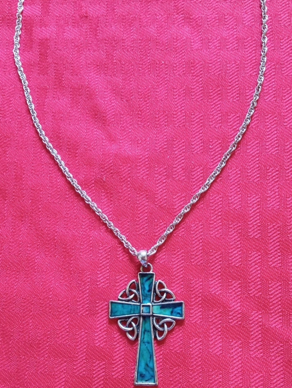 Silver-Tone Rustic Celtic Look Turquoise Cross Pendant Necklace